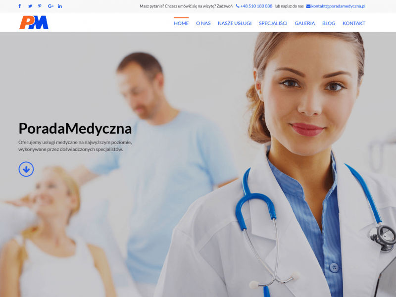 <p>Strona ofertowa placówki lekarskiej zajmującej się profesjonalnym leczeniem pacjentów</p>

<p>Zakres prac: Projekt logo, projekt graficzny, kodowanie i wdrożenie do systemu zicoCMS</p>

<p><a href="http://poradamedyczna.pl/" target="_blank">zobacz online</a></p>
